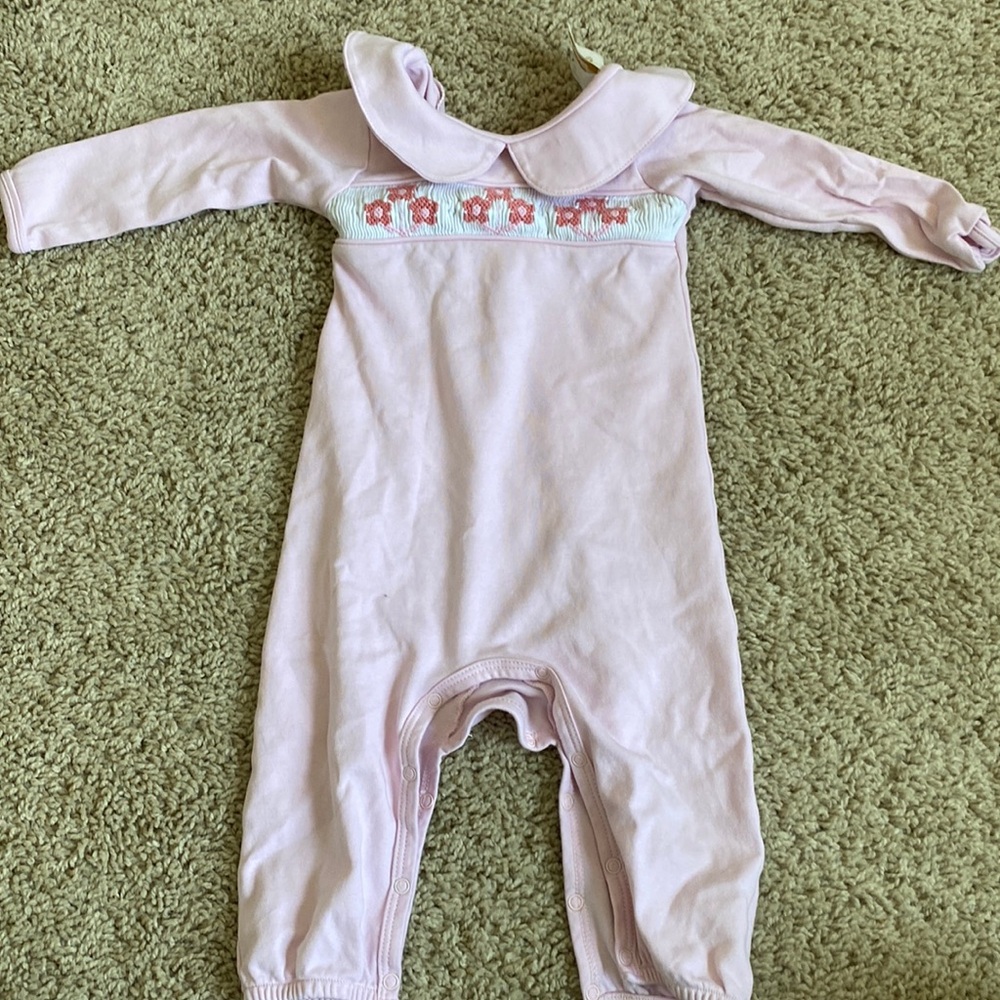 Beaufort Bonnet rigsby romper pink flower smocking in palm beach pink